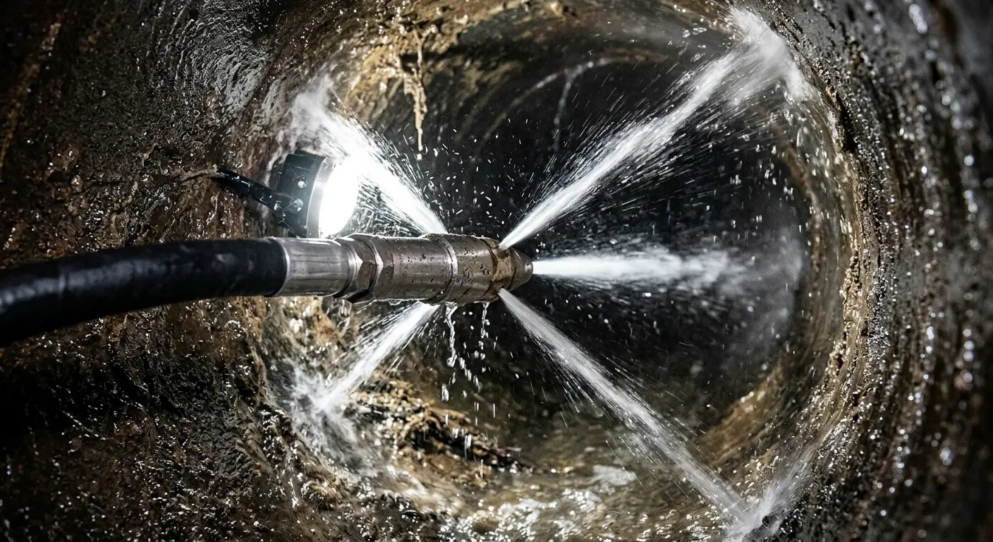 High-pressure hydro jetting nozzle cleaning sewer pipe for Emergency Drain Service in Chelmsford