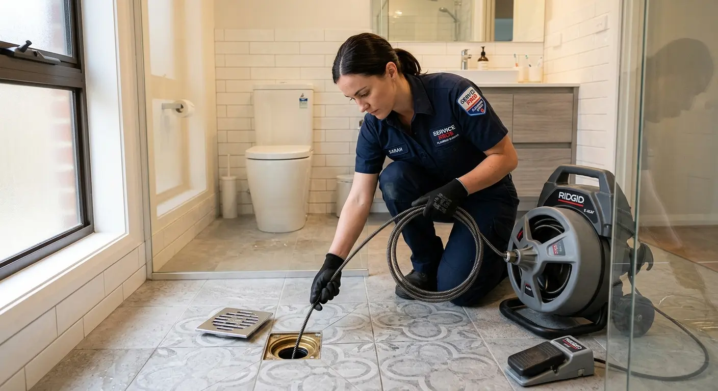 Technician clearing a bathroom floor drain for Drain Repair in Chelmsford
